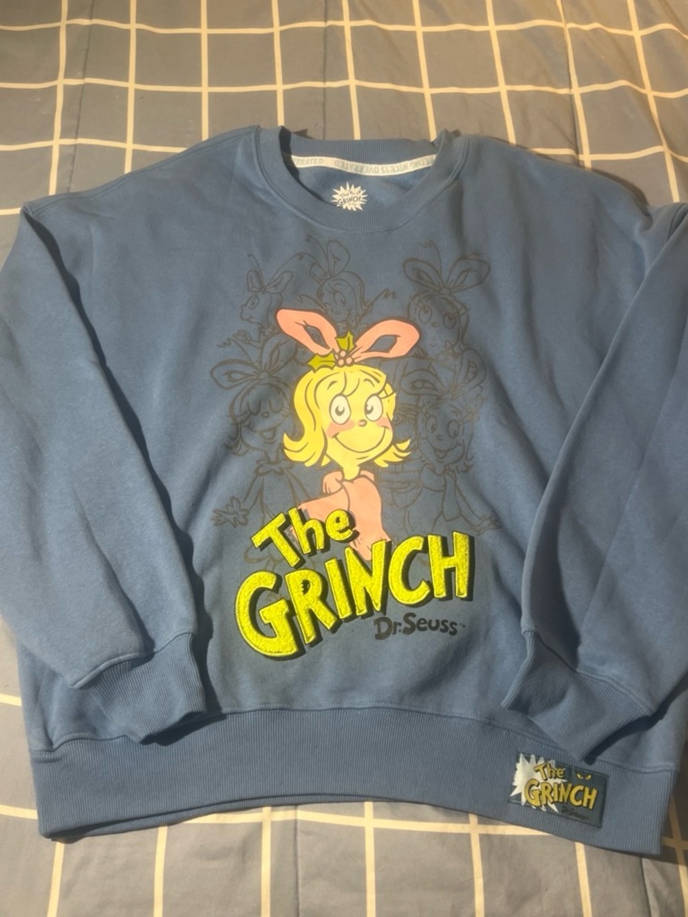 Hybrid Apparel Blue Grinch Graphic Crewneck with Yellow & Pink Accents